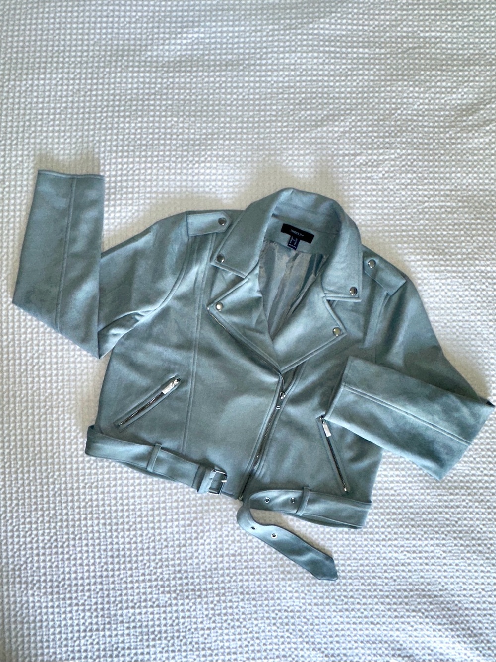 NWOT Soft Light Blue Faux Suede Moto Jacket, OX